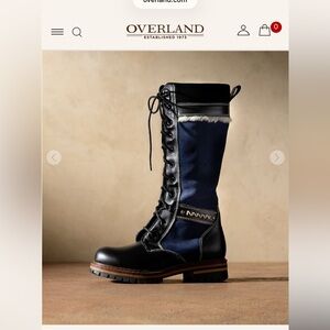 Overland Black and Blue Lace-Up Boots.  Wool lined.  Leather.